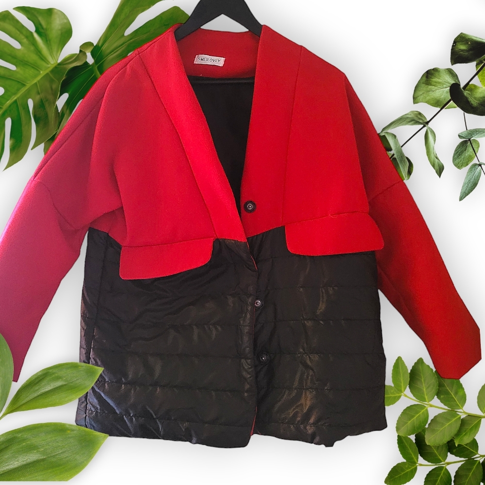 Spliced Red and Black Felt and Quilted Coat - sz S / M